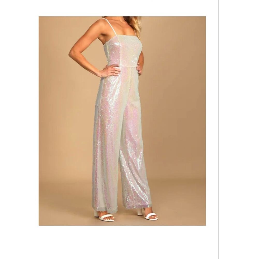 lulus “Going to Glow” Iridescent White Sequin Sleeveless Jumpsuit